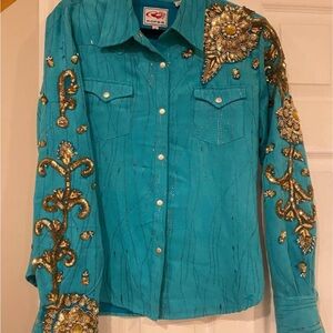 Roper Turquoise Shirt with Gold Embellishments.